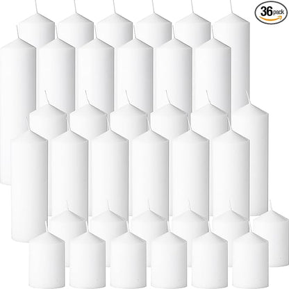 36 Pcs White Pillar Candles Bulk Setï¼? Different Lengths 2 x 3/4/6 Inch (12 Each)，Hurricane Candles，Dripless Unscented Smokeless，Gives You a Better Atmosphere When Organizing an Event Party.