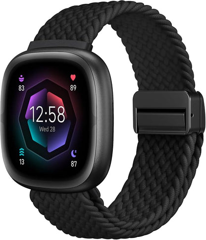 Fintie Magnetic Braided Stretchy Band Compatible with Fitbit Versa 4 3 / Sense 2 1, Soft Woven Nylon Sport Elastic Replacement Strap Wrist Bands, Black