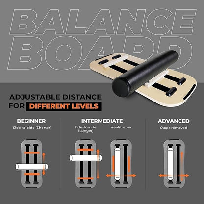 Balance Board Surf Trainer with Adjustable Stoppers - 2 Different Distance Options Balance Board for Surfing, Snowboarding, Skiing, Skateboarding, 300lbs Capacity