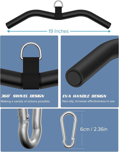 LAT Pulldown Attachments, Black Steel LAT Bar Cable Attachments Handles, Home Gym Cable Machine Accessories, Tricep Rope, Rowing LAT Pull Down Bar, Straight Bar, Double D Handles, Exercise Handles