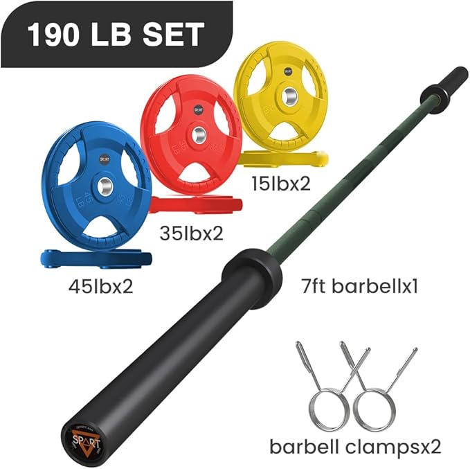 7FT Olympic Barbell Bar with Weight Plate Set Combo, Solid Olympic Bar with Bearings, 700Lbs Capacity Weight Bar for Home Gym Strength Training, Weightlifting, Powerlifting, Fit for 2" Olympic Plates