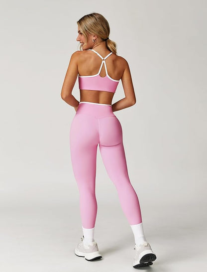 ABOCIW Workout Sets for Women 2 Piece Color Block Strappy Sports Bra High Waist Leggings Gym Yoga Pilates Outfits