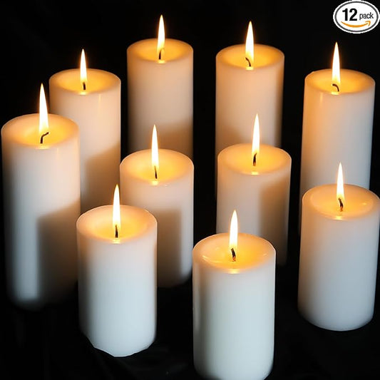 12 White Pillar Candles, 3x4 Inches Unscented Pillar Candles for Home,Wedding,Church, Dripless and Smokeless Table Candles Pillar, White Candles for Party, Relaxing, Approx 50 Hours Long Burning Time