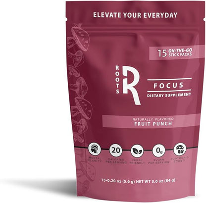 Roots Focus Nootropic Brain Supplement, Fruit Punch, Blend of Lion's Mane, Cordyceps, and Reishi Functional Mushrooms with Extended-Release Caffeine, 15 Servings
