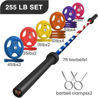 7FT Olympic Barbell Bar with Weight Plate Set Combo, Solid Olympic Bar with Bearings, 700Lbs Capacity Weight Bar for Home Gym Strength Training, Weightlifting, Powerlifting, Fit for 2" Olympic Plates