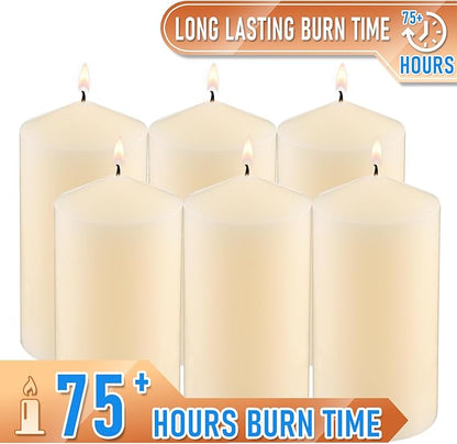 3×6 Ivory Pillar Candles Set of 6 Unscented Handpoured Weddings, Home Decoration, Restaurants, Spa, Church Smokeless Cotton Wick - Ivory 450 Hour