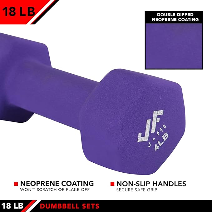 JFIT Dumbbell Pairs or Sets – Neoprene & Vinyl Coated Hand Weights for Home Gym, Strength Training, Aerobics, Cardio Exercise and Fitness
