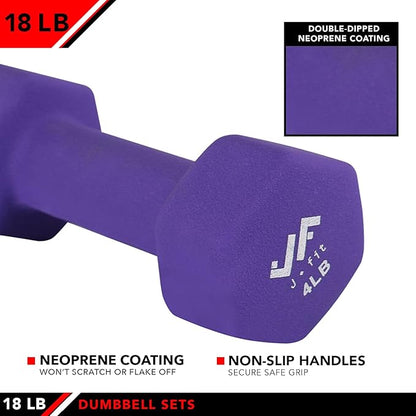 JFIT Dumbbell Pairs or Sets – Neoprene & Vinyl Coated Hand Weights for Home Gym, Strength Training, Aerobics, Cardio Exercise and Fitness