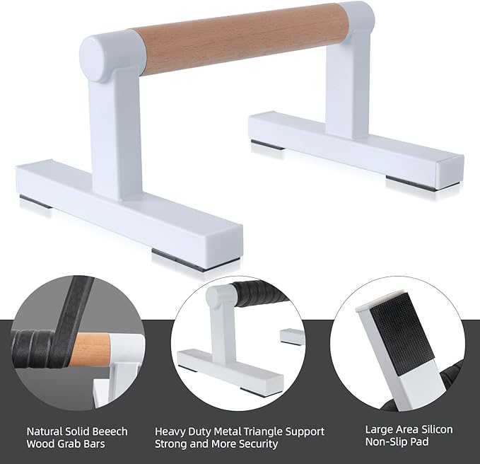 1 Pair Wooden Parallettes Push Up Bars for Men, Strength Training Pushup Stands Handles for Home Calisthenics, Fitness, Floor Workouts Solid Wood with White Metal Bracket - Support 500 lbs