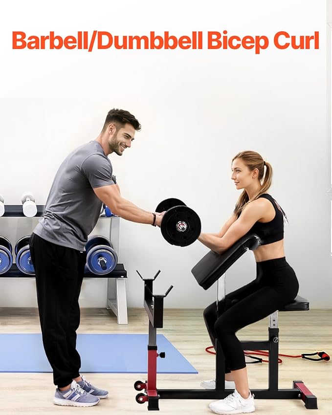 VEVOR Preacher Curl Bench, Strength Training Biceps Machine, Max load 440 LBS Home Gym Equipment, Seated Arm Isolated Barbell Dumbbell Bicep Station, Adjustable Weight Benches for Home Gym