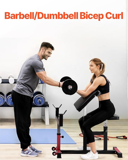 VEVOR Preacher Curl Bench, Strength Training Biceps Machine, Max load 440 LBS Home Gym Equipment, Seated Arm Isolated Barbell Dumbbell Bicep Station, Adjustable Weight Benches for Home Gym