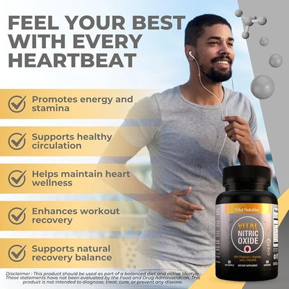 Vital Nitric Oxide Supplements for Men - Workout Booster Supplement for Men - Nitrous Oxide Boost Blood Flow, Blood Pressure, Energy & Workout Performance with L Arginine L Citruline-30 Days Supply