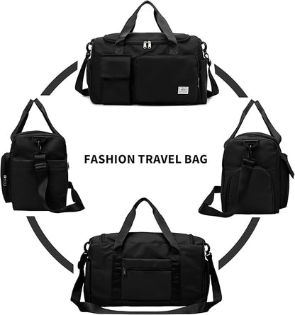 Travel Duffel Tote Bag with Dry Wet Separation Pocket, Weekender Bag for Women and Men，Waterproof Bag with Shoe Compartment Lightweight and Easy Carry on Black