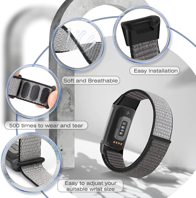 Sport Loop Nylon Watch Bands Compatible with Fitbit Charge 6/5, Adjustable Breathable Replacement Soft Nylon Loop Wristband for Women/Men