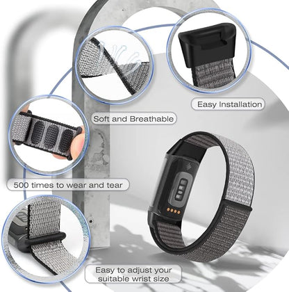 Sport Loop Nylon Watch Bands Compatible with Fitbit Charge 6/5, Adjustable Breathable Replacement Soft Nylon Loop Wristband for Women/Men