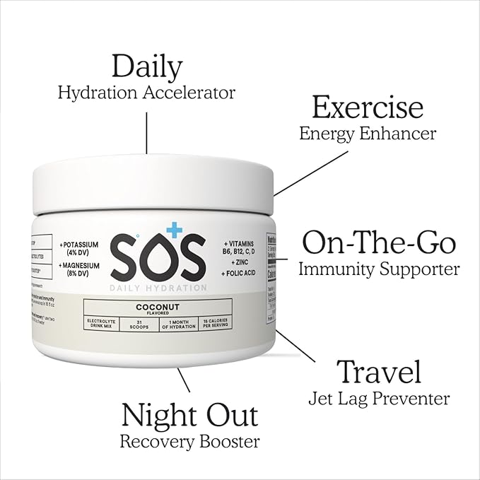 SOS Hydration Coconut Electrolyte Drink Mix (31 Servings) – Low Sugar, 15 Calorie, Keto-Friendly & Rapid Rehydration
