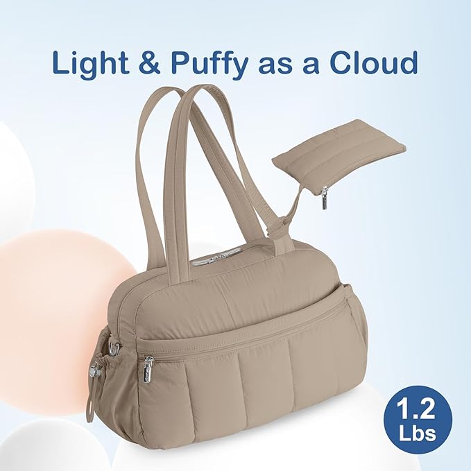 TOPDesign Travel Duffel Bag for Women, Puffer Gym Bag Sports Tote with Wet Pocket, Carry On Weekender with Luggage Sleeve (Camel)