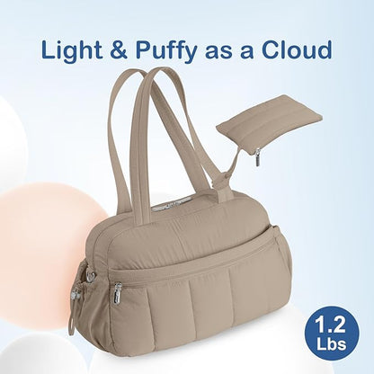 TOPDesign Travel Duffel Bag for Women, Puffer Gym Bag Sports Tote with Wet Pocket, Carry On Weekender with Luggage Sleeve (Camel)