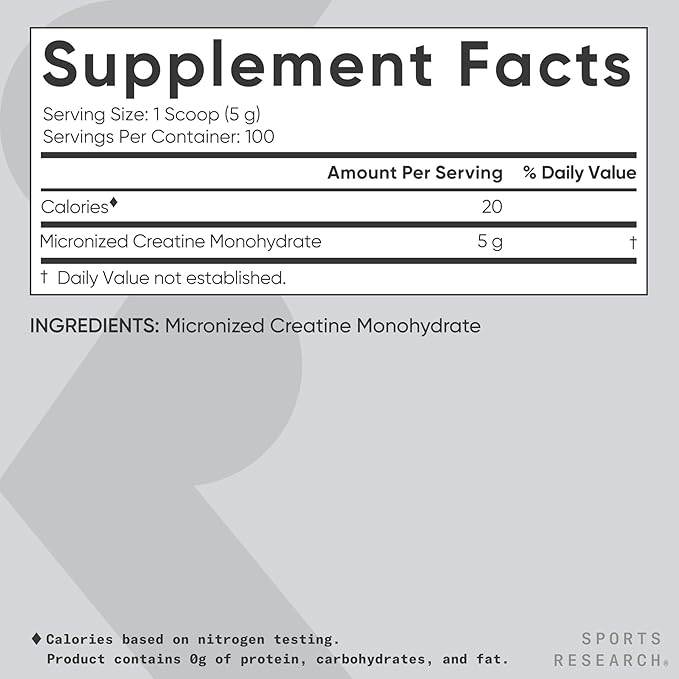 Sports Research Creatine Monohydrate - Gain Lean Muscle, Improve Performance and Strength and Support Workout Recovery* - 5 g Micronized Creatine - 17.46 oz