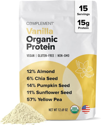 Complement Organic Vanilla Vegan Protein Powder (15 Servings) Low Carb, Low Calorie, Sugar Free, Soy Free, Non-GMO, Gluten Free, Non Dairy- Yellow Pea, Pumpkin Seed- 15g Plant Based Protein Powder