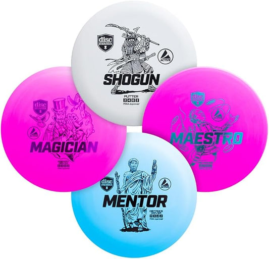 Discmania Disc Golf Starter Kit (4 Pack) | Active Line Beginner Disc Golf Set | Shogun, Maestro, Magician & Mentor | Base Plastic, Easy to Throw | Ideal Gift for New Players (Colors May Vary)