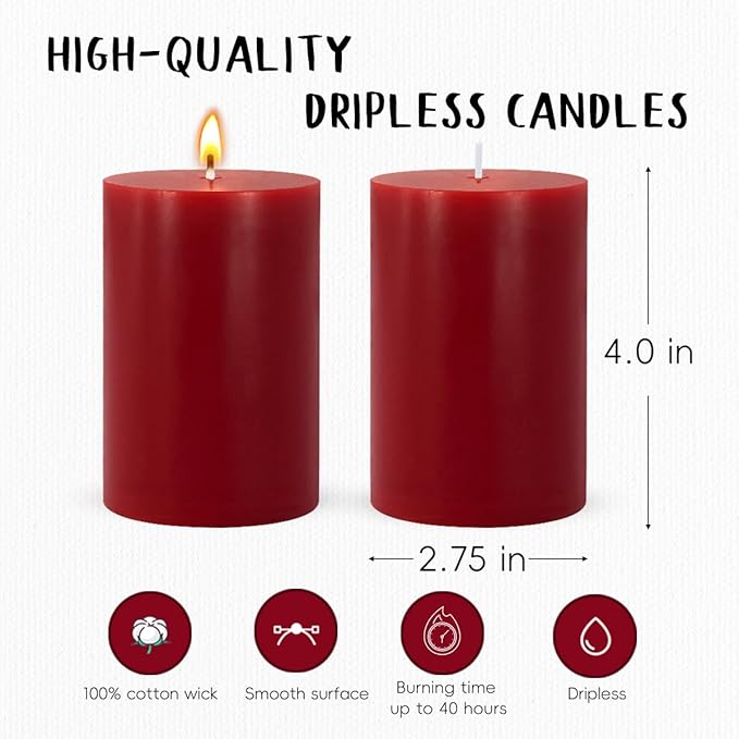 6 Packs Dripless Red Colored Pillar Candles, Unscented 2.75x4 Inch Burgundy Cylinder Wax Candles for Home Table Holiday Party Spa Decor Emergency Power Outage