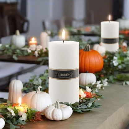 3X 8 White Pillar Candles Set of 6 Unscented Handpoured Weddings, Home Decoration, Restaurants, Spa, Church Smokeless Cotton Wick 360 Hour