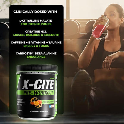 X-CITE Pre-Workout by ATHLEAN-X - Enhanced Formula with Beta-Alanine, Creatine & Caffeine for Energy, Endurance, Focus & Muscle Pump, NSF Certified for Sports (22 Servings, Fresh Squeezed Orange)