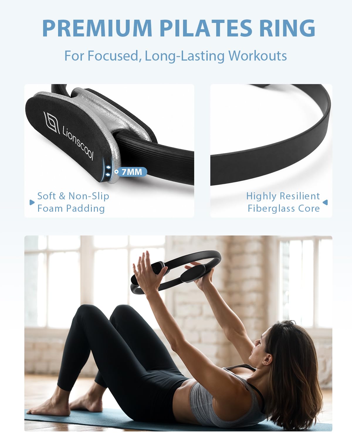 LIONSCOOL Pilates Ring Set 14" Magic Circle, 9" Mini Ball, Resistance Bands
