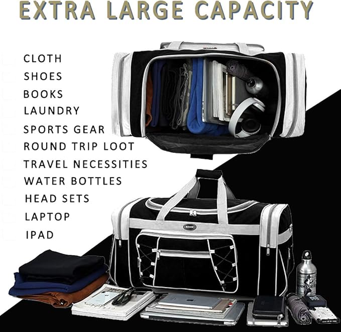 Travel Duffle Bags for Men 26" Black Weekender Over Night Carry On Bag, Lightweight Extra Large Oxford Duffel Gym Sturdy Luggage Water-proof foldable Holdall