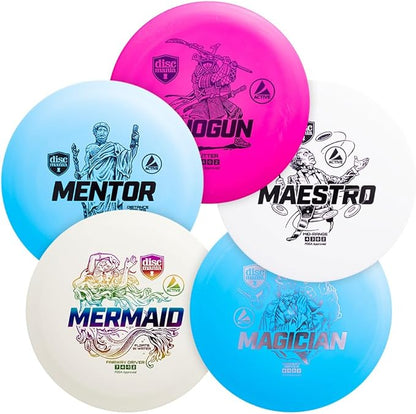 Discmania Disc Golf Set (5 Pack) | Active Line Disc Golf Starter Set | Shogun, Maestro, Magician, Mermaid & Mentor | Base Plastic, Easy to Throw | Ideal Gift for New Players (Colors May Vary)