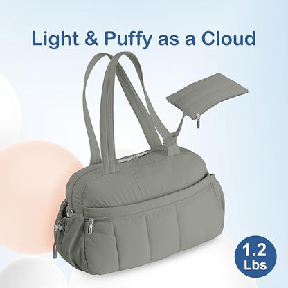 TOPDesign Travel Duffel Bag for Women, Puffer Gym Bag Sports Tote with Wet Pocket, Carry On Weekender with Luggage Sleeve (Grey)