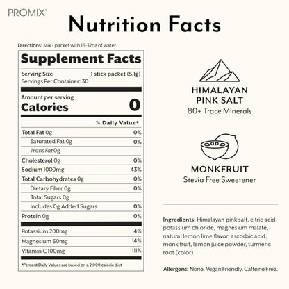 ProMix Nutrition Electrolytes Powder Packets - Sugar Free, Zero Calorie, Stevia Free, Fasting Friendly, Natural Himalayan Pink Salt - Lemon Lime - 30 Servings (Pack of 30)