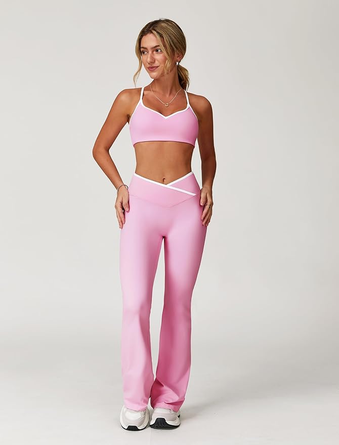 ABOCIW Workout Sets for Women 2 Piece Color Block Strappy Sports Bra High Waist Leggings Gym Yoga Pilates Outfits