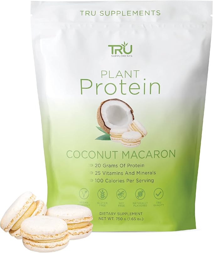 TRU Supplements Plant Based Protein Powder, BCAA, EAA, 20g Vegan Brown Rice & Pea Protein, 100 Calories, 27 Vitamins, No Artificial Flavors 25 Servings (Coconut Macaron)