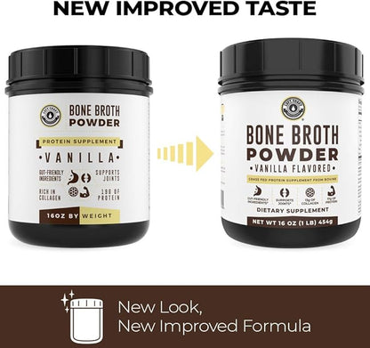 16oz Vanilla Bone Broth Protein Powder From Grass Fed Beef - Non-GMO Ingredients, Gut-Friendly, Low Carb Dairy Free Protein Powder - Natural Collagen Source For Joint Support - Keto Friendly