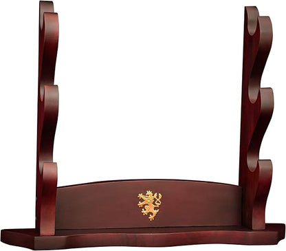 Mythrojan Medieval Sword Stand Solid Wood Horizontal Display Rack for Katana, Samurai, Gladiator, Crusader Swords Elegant Tabletop Holder, 3-Tier - Dark Brown