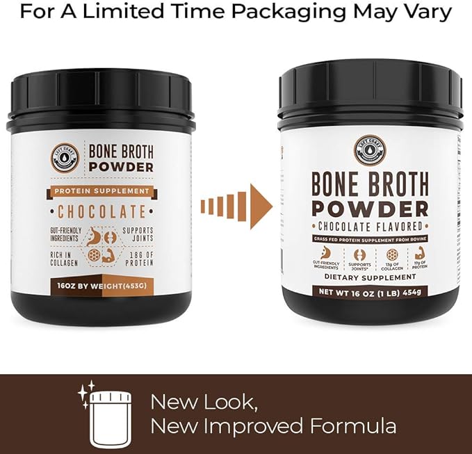16oz Chocolate Bone Broth Protein Powder From Grass Fed Beef - Non-GMO Ingredients, Gut-Friendly, Low Carb Dairy Free Protein Powder - Natural Collagen Source For Joint Support - Keto Friendly