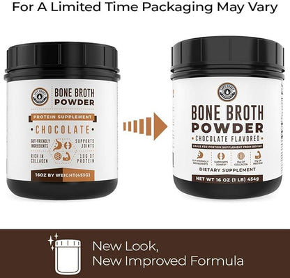 16oz Chocolate Bone Broth Protein Powder From Grass Fed Beef - Non-GMO Ingredients, Gut-Friendly, Low Carb Dairy Free Protein Powder - Natural Collagen Source For Joint Support - Keto Friendly