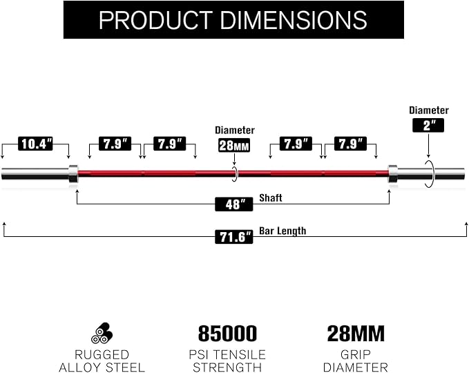RITFIT Olympic Barbell 4ft/4.8ft/6ft - 2 Inch Weight Bar for Strength Training, Weightlifting, Squat, Deadlift, Bench Press, Curl, Overhead Press - 350lbs/500lbs Capacity