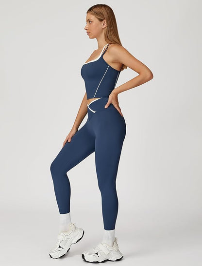 ABOCIW Workout Sets for Women 2 Piece Color Block Strappy Sports Bra High Waist Leggings Gym Yoga Pilates Outfits