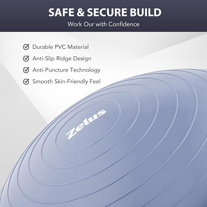 ZELUS Balance Ball Trainer with Resistance Bands and Foot Pump, Inflatable Yoga Ball for Home Gym Workouts, 23 Inch Exercise Half Ball for Balance Training Core Strength Fitness More, 330lb Cap