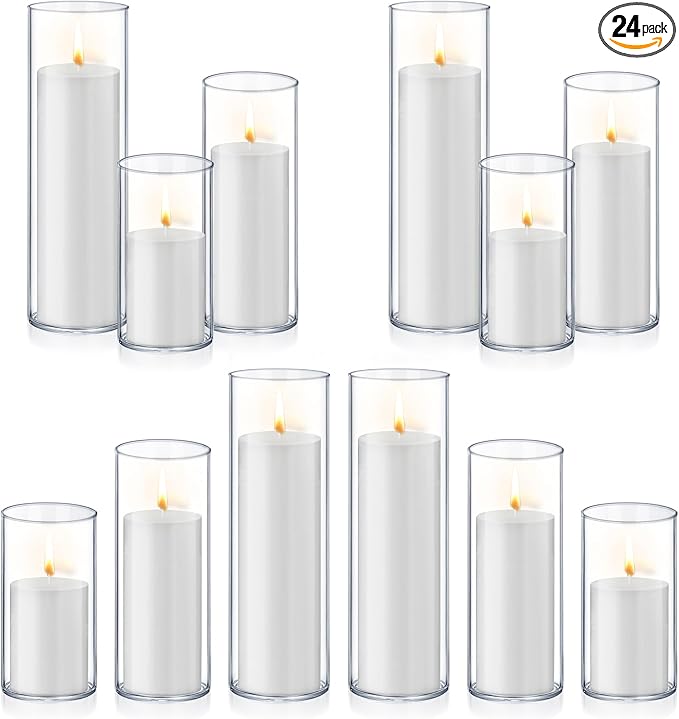 24 PCS White Pillar Candles with Glass Candle Holders Clear Hurricane Candle Holders Glass Cylinder Vases for Centerpieces Wedding Party, Event, Home Office (12 Candles+12 Candle Hoders)