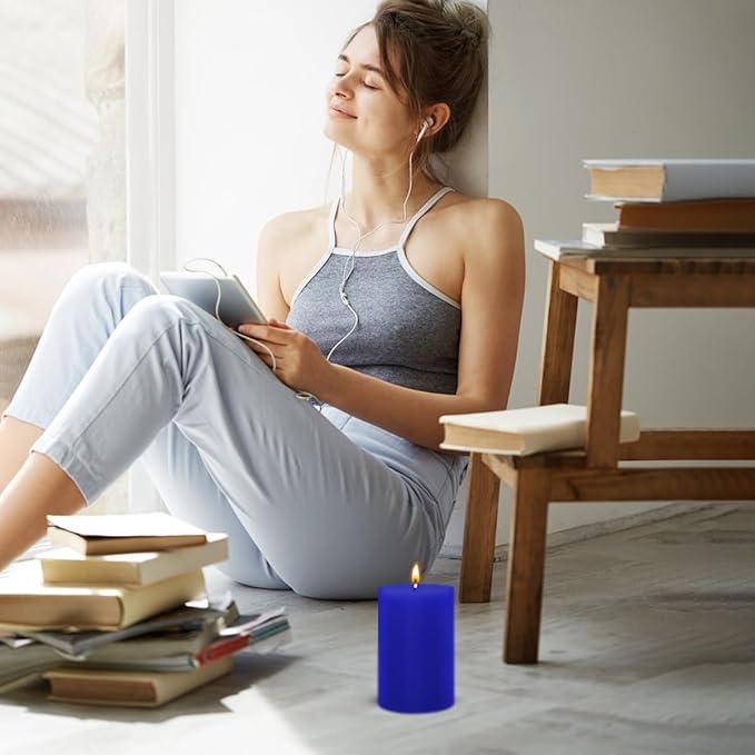 3 Packs 2.8x6 Inch Blue Colored Pillar Candles, Unscented Dripless Non-Toxic Smokeless Clean Long Lasting Burning Cylinder Candles for Home Dinner Table Decoration Emergency Power Outage