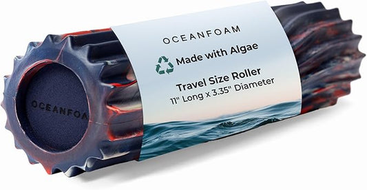 Oceanfoam Ripple Travel Foam Roller (11" x 3.35") Firm Mini Foam Roller for Physical Therapy, Deep Tissue Massage, Back Pain - High Density, Wave Textured - Yoga (Red, Dark Navy & Natural Marbled)