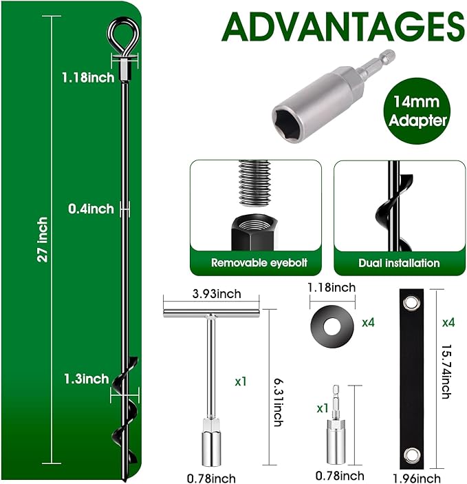 27" Trampoline Stakes Heavy Duty, Ground Anchors Screw in Mobile Home Anchors Resistant High Wind for Large Buildings, Sheds, Metal Swing Sets, Carports, Canopies(Black-4x27)
