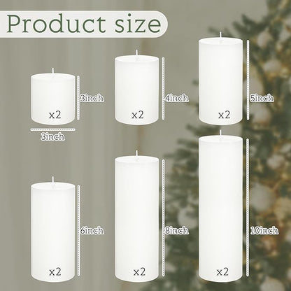 Shihanee 12 Pcs Pillar Candles 3 in x 3,4,5,6,8,10 Dripless Unscented Smokeless Candle Long Burning Decorative Rustic Candles with Cotton Wick for Wedding Home Fireplace (White)