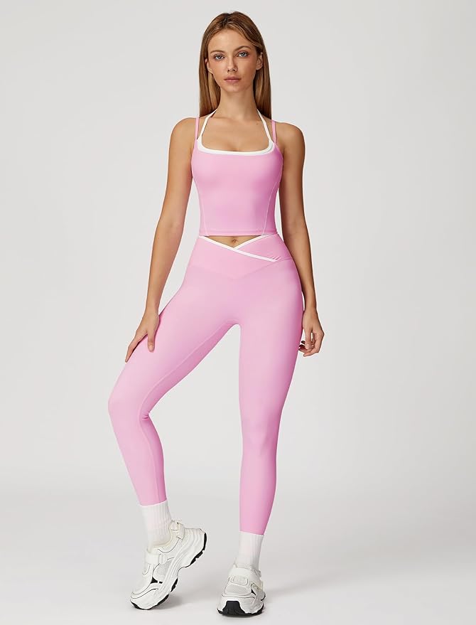 ABOCIW Workout Sets for Women 2 Piece Color Block Strappy Sports Bra High Waist Leggings Gym Yoga Pilates Outfits