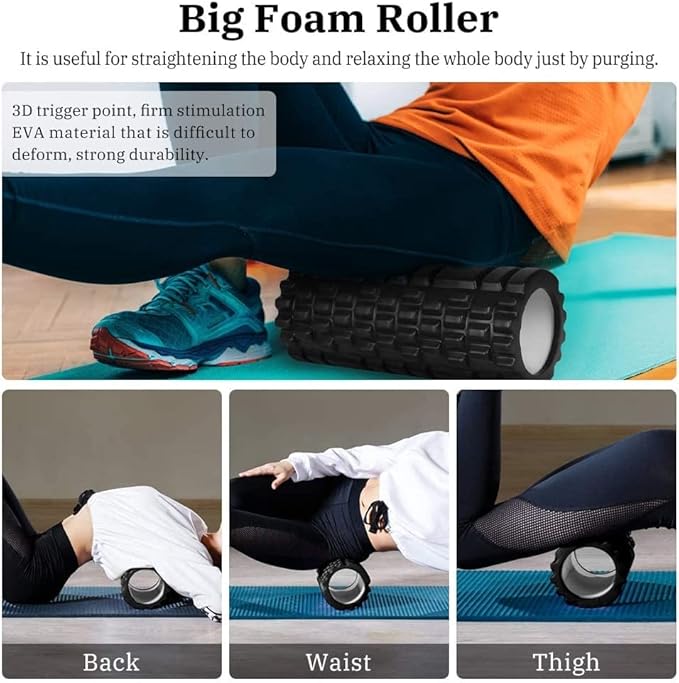 6 in 1 Foam Roller Set Includes Hollow Core Massage Roller, Yoga Stick, Massage Ball, Fitness Stretching Strap, Carrying Bag, Towel, Massage Roller (Black)