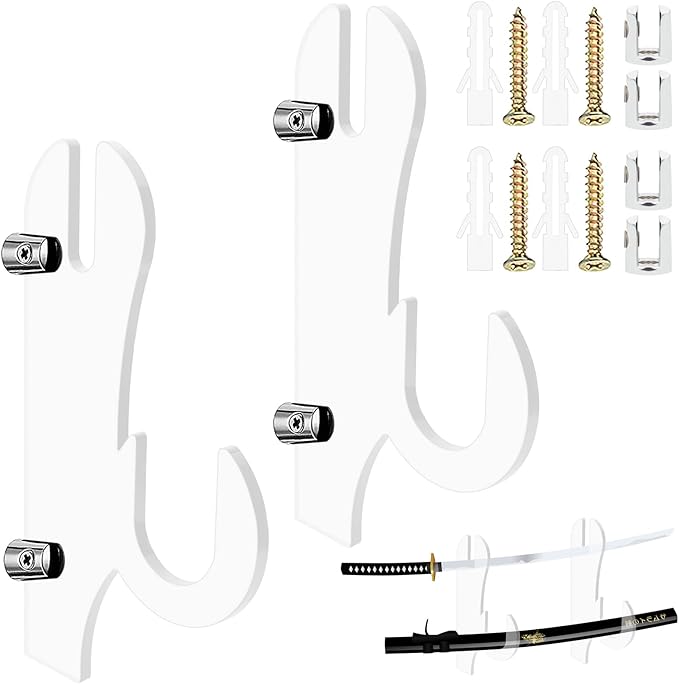 TRINENOX Sword Stand, Sword Wall Mount, Sword Hook, Sword Hanger Rack, Wall Mount Sword Hook, Acrylic Samurai Sword Display Holder for Katana Tanto Genji Wakizashi Sword Hanger Rack (1 Pair Clear)